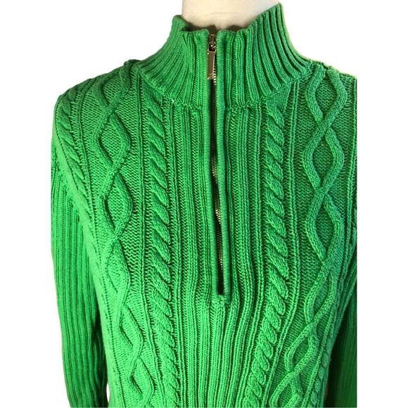 Chaps vintage green cable knit 3/4 gold zip mock turtleneck sweater size M - Picture 6 of 12